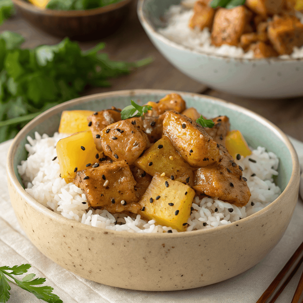Pineapple chicken and rice bowl with glossy sauce, golden pineapple chunks and herbs
