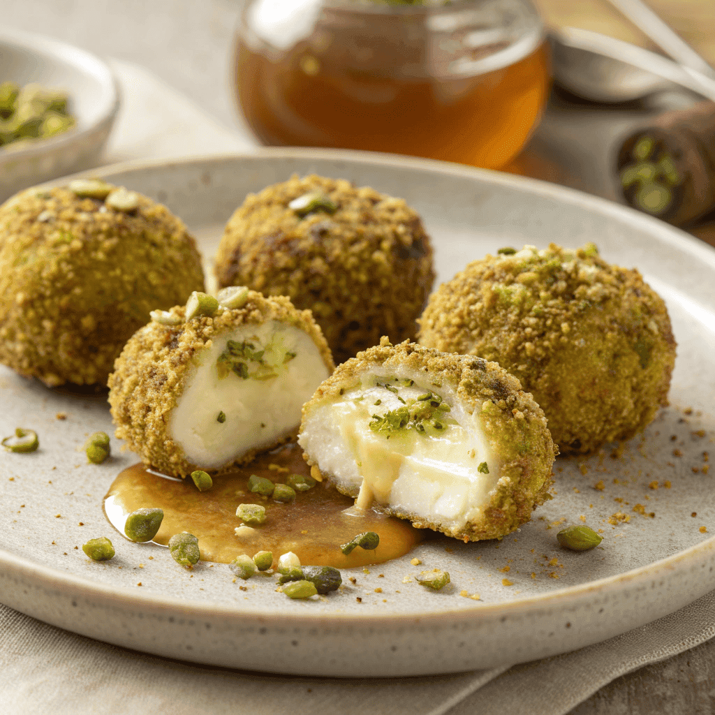 Pistachio Crusted Brie Bites – Elegant Appetizer with Honey and Rosemary 3 Close-up of melted brie inside pistachio crusted bite