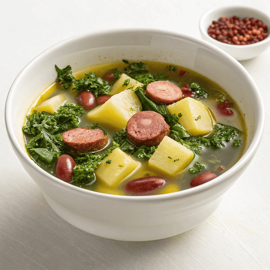 Portuguese kale soup served in a white bowl with sausage, potatoes, and kale.