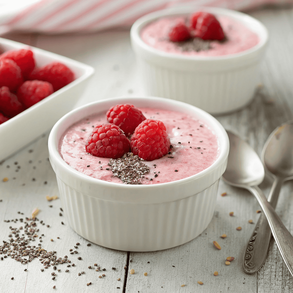 Raspberry Chia Pudding - Healthy Dessert Recipe 4 Close-up hero shot of raspberry chia pudding in a white ramekin topped with fresh raspberries and chia seeds.