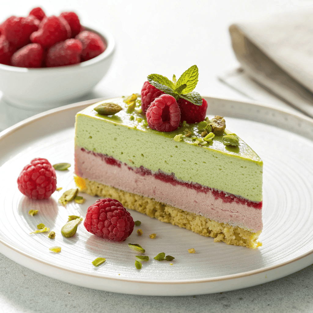 Layered raspberry pistachio mousse cake served on a white plate.