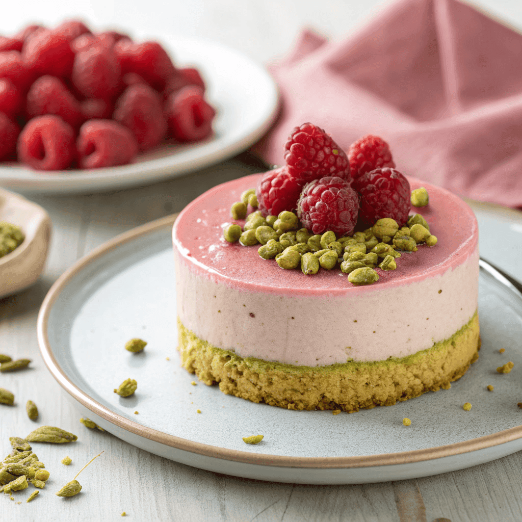 Raspberry pistachio mousse cake with green pistachio layer, raspberry topping, and biscuit crust.