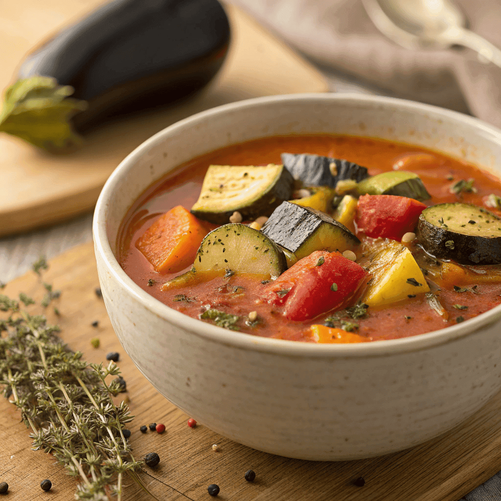 Ratatouille soup with zucchini, eggplant, potatoes, and tomatoes in a rich tomato broth.