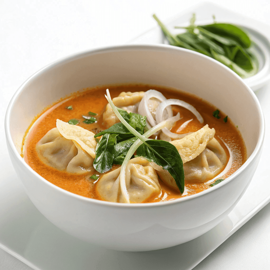 Creamy Thai Red Curry Dumpling Soup 1 Red curry dumpling soup served in a white bowl with coconut curry broth, soft dumplings, greens, and scallions.