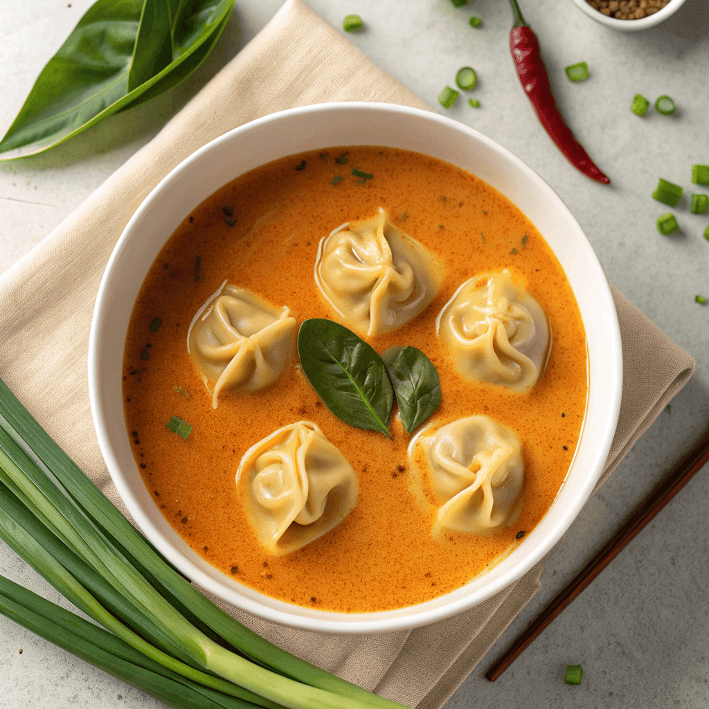 Creamy Thai Red Curry Dumpling Soup 4 Top-down hero shot of red curry dumpling soup with creamy coconut broth, tender dumplings, leafy greens, and green onions.