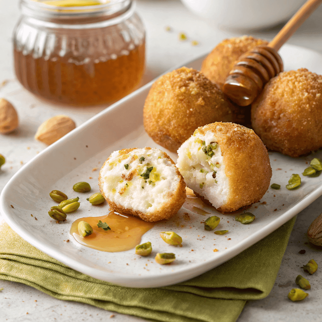Hero shot of ricotta pistachio honey bites with golden crust, creamy interior, chopped pistachios, and honey syrup on a white plate.