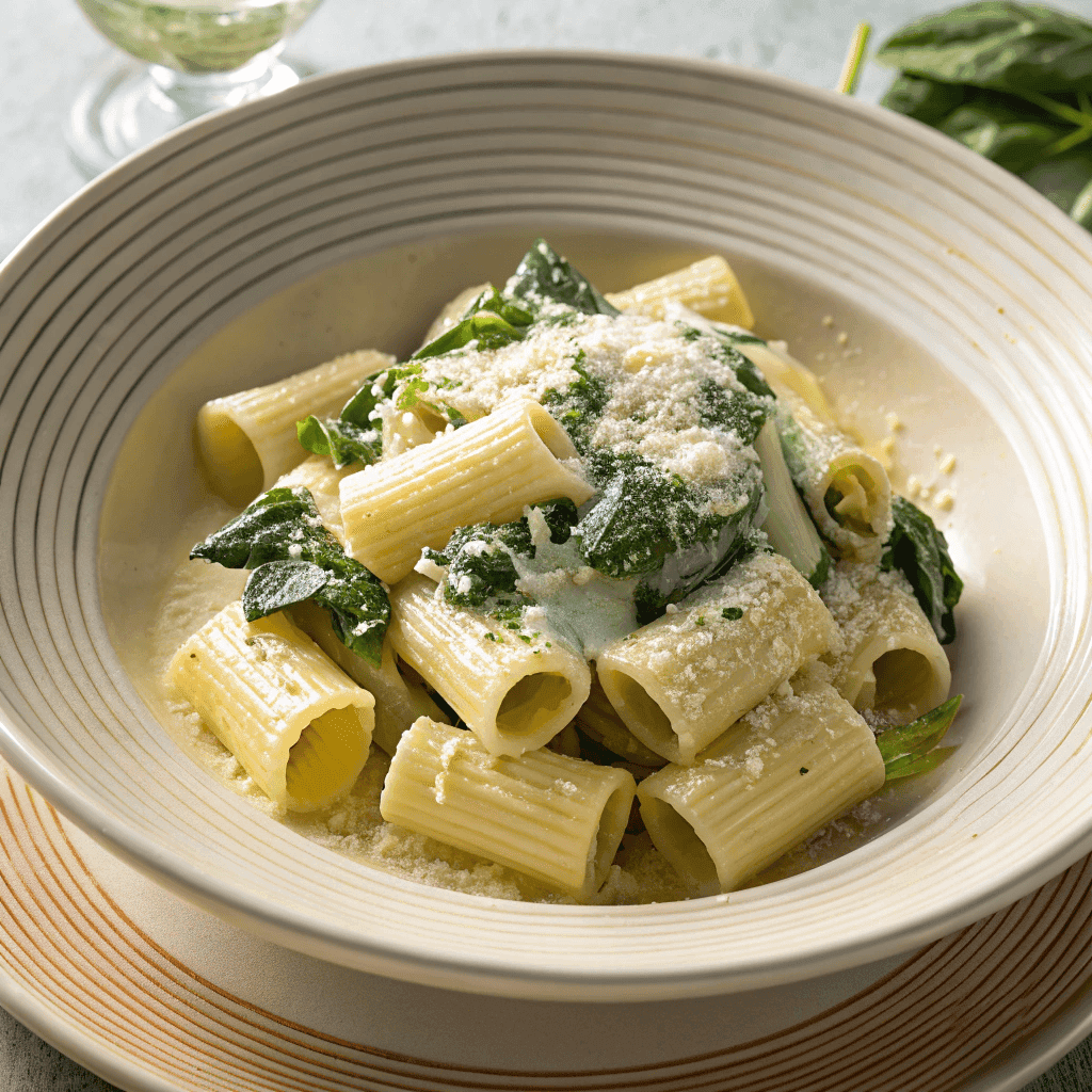 Creamy rigatoni pasta with ricotta sauce and wilted spinach in a bowl