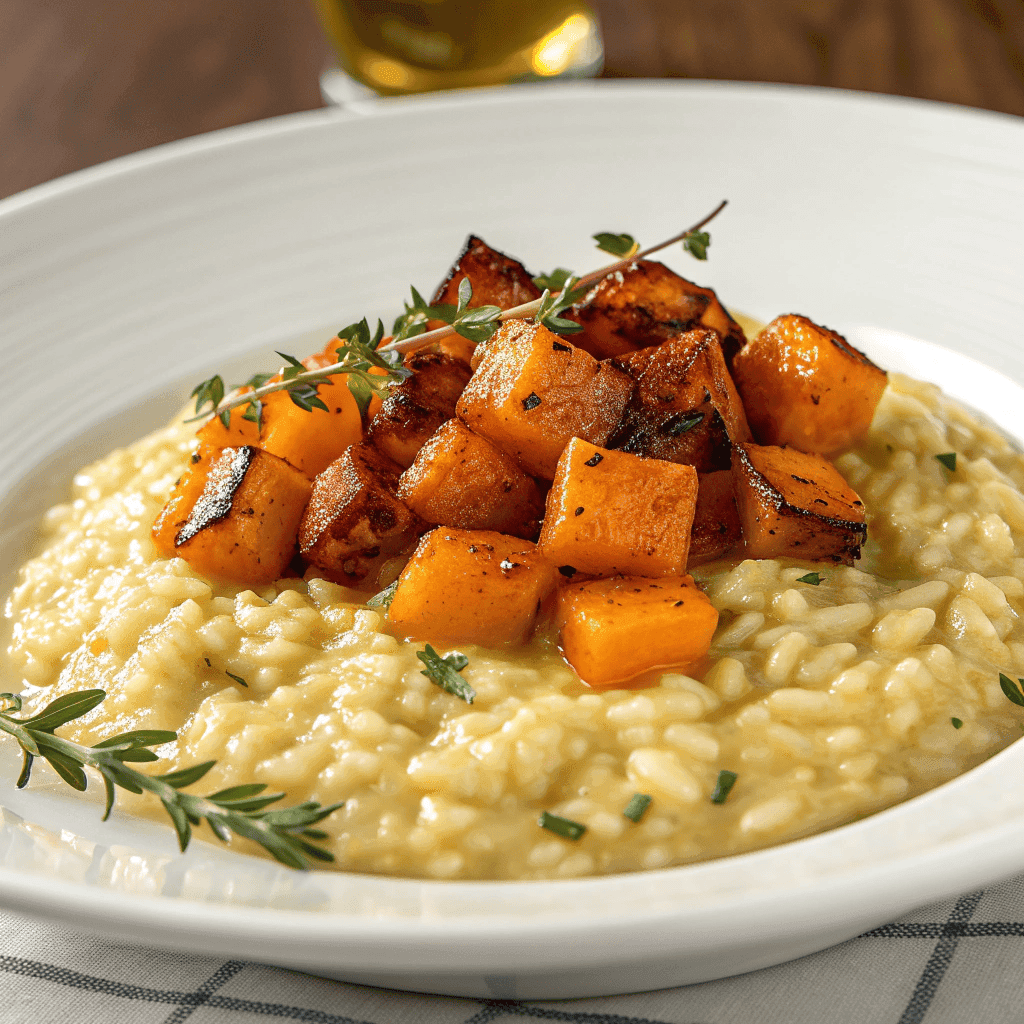 Creamy roasted butternut squash risotto topped with caramelized squash cubes and fresh herbs on a white plate