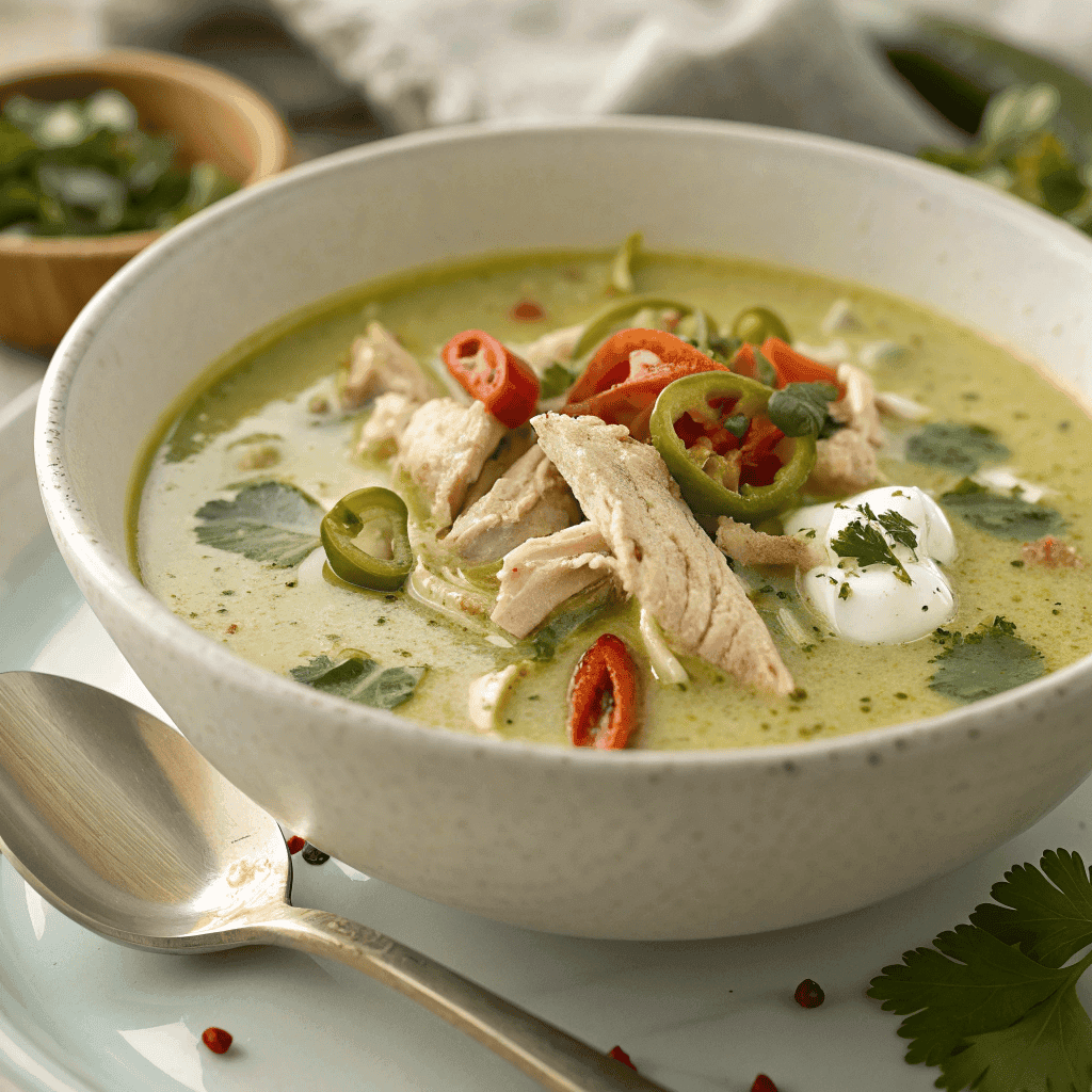 Creamy roasted poblano chicken soup with herbs and chili flakes