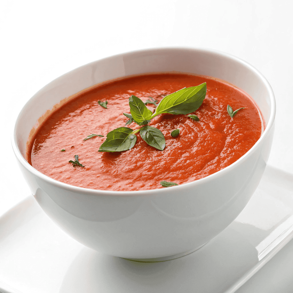 Smooth roasted tomato soup served in a white bowl with basil garnish.