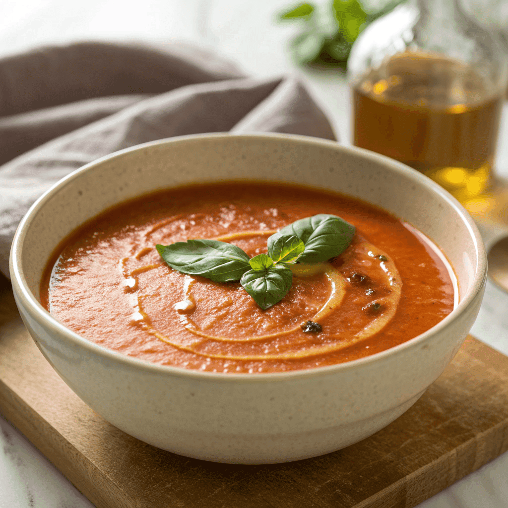Creamy roasted tomato soup with smooth texture and fresh basil garnish in a ceramic bowl.