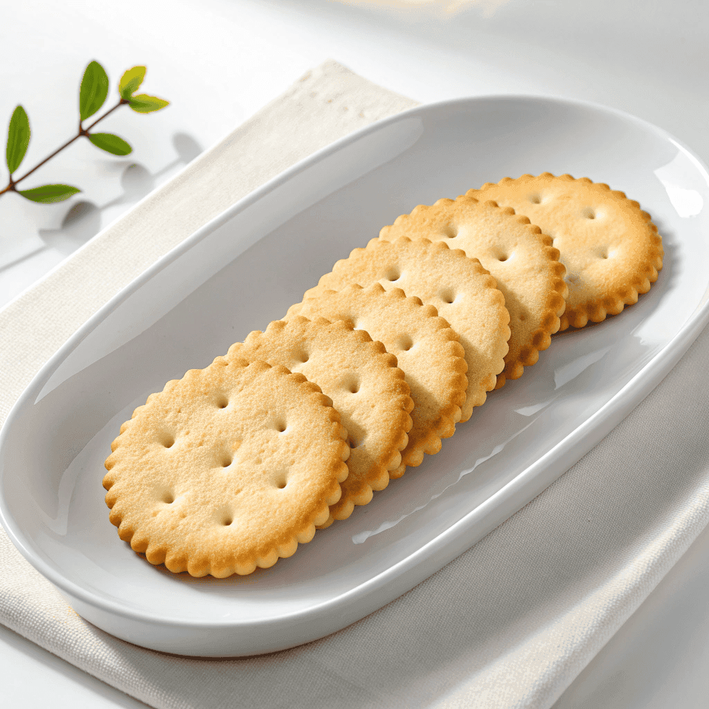 Thin round butter crackers with scalloped edges displayed on a clean white plate in minimalist style.