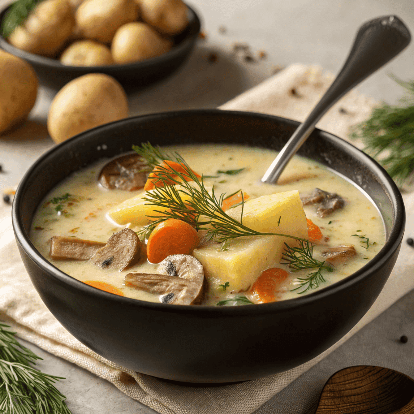 Creamy Russian potato and mushroom soup with carrots, dill, and pepper in a black bowl.