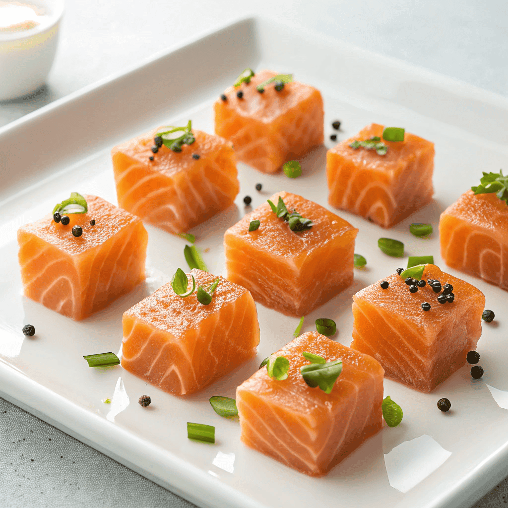Salmon bites neatly plated on a white dish with green onion garnish.