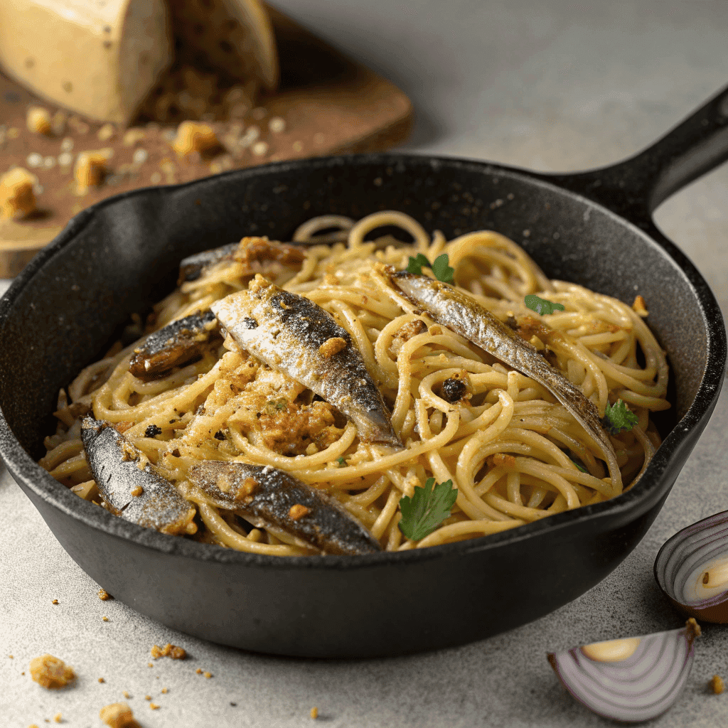 Rustic sardine pasta with spaghetti, toasted breadcrumbs, capers, and parsley in a cast iron skillet.