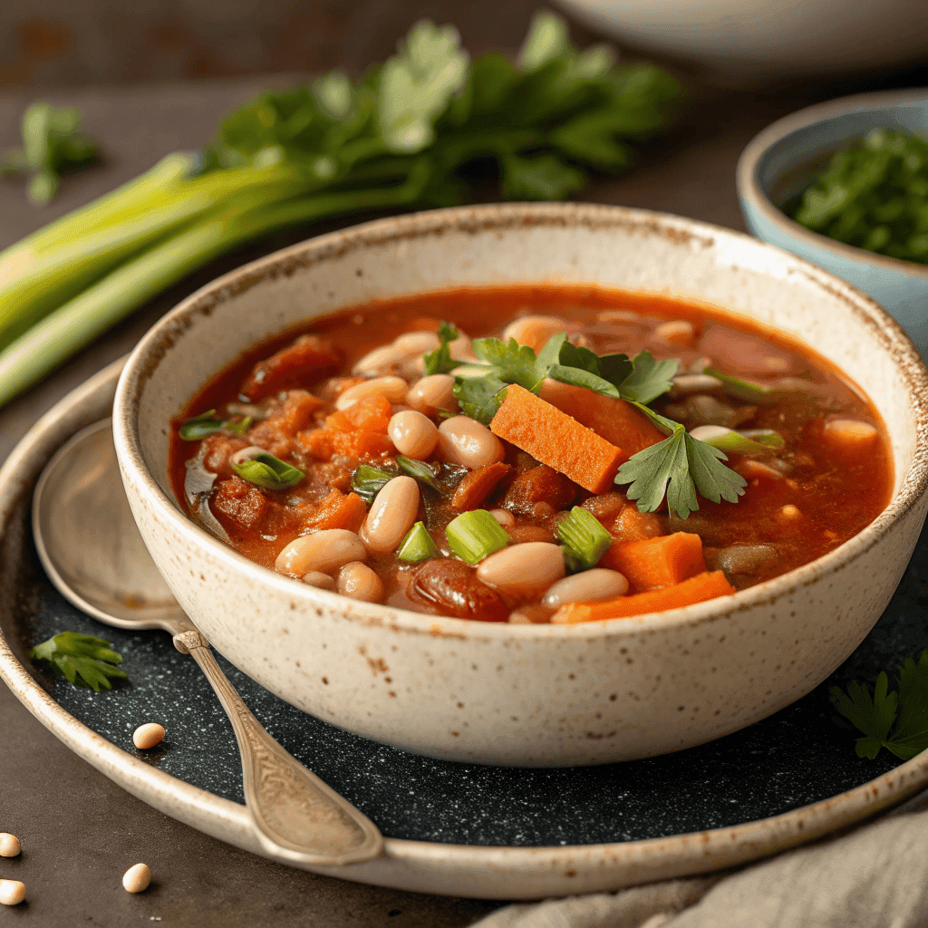 Hero shot of Sardinian longevity soup with beans, carrots, greens, onions, herbs, and clear tomato broth.