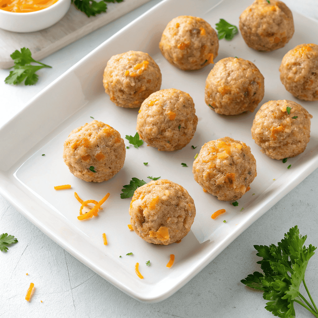 Sausage balls with baked cheddar cheese served on a white plate.