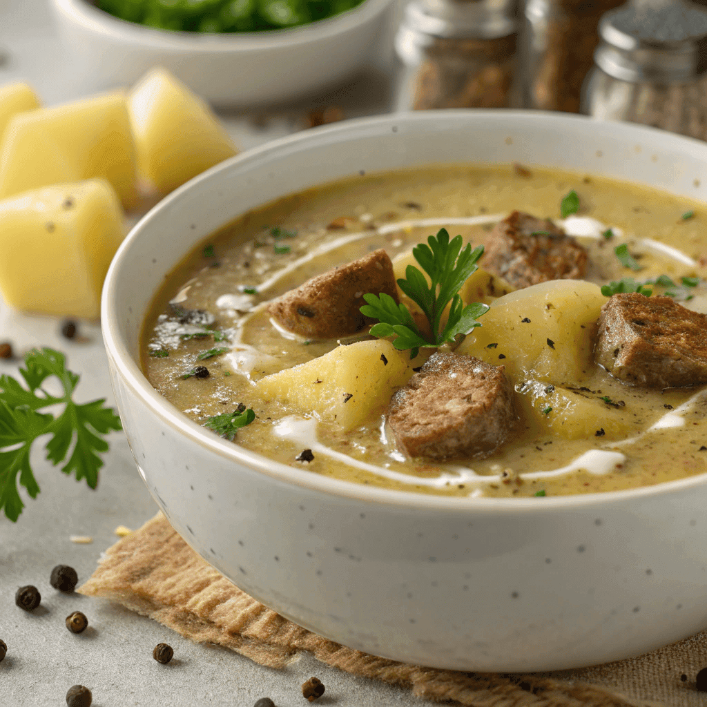 Creamy sausage potato soup with crumbled sausage, tender potatoes, herbs, and rich broth.
