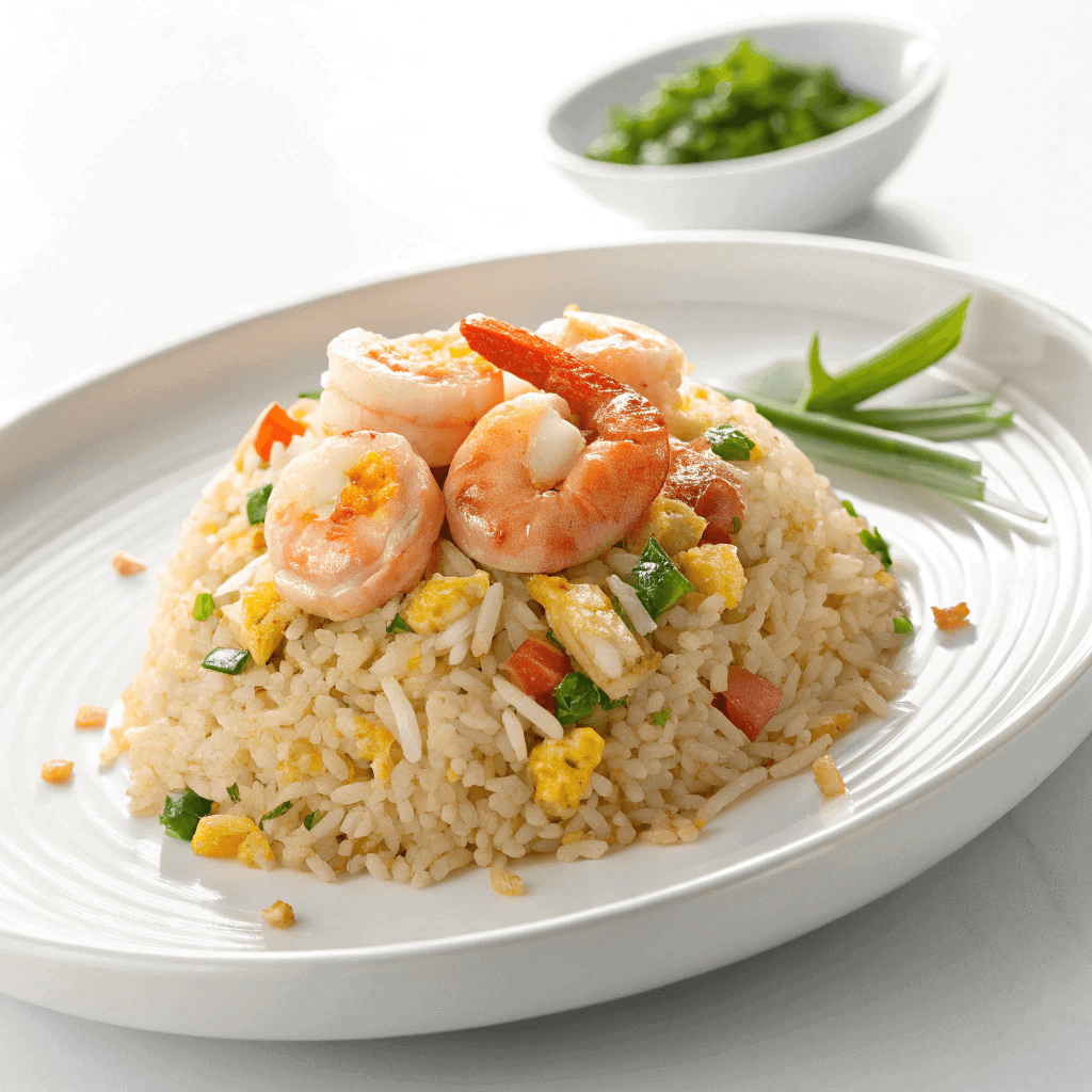 Garlic Butter Seafood Fried Rice with Shrimp & Crab 1 Seafood fried rice with shrimp and egg served on a white plate.