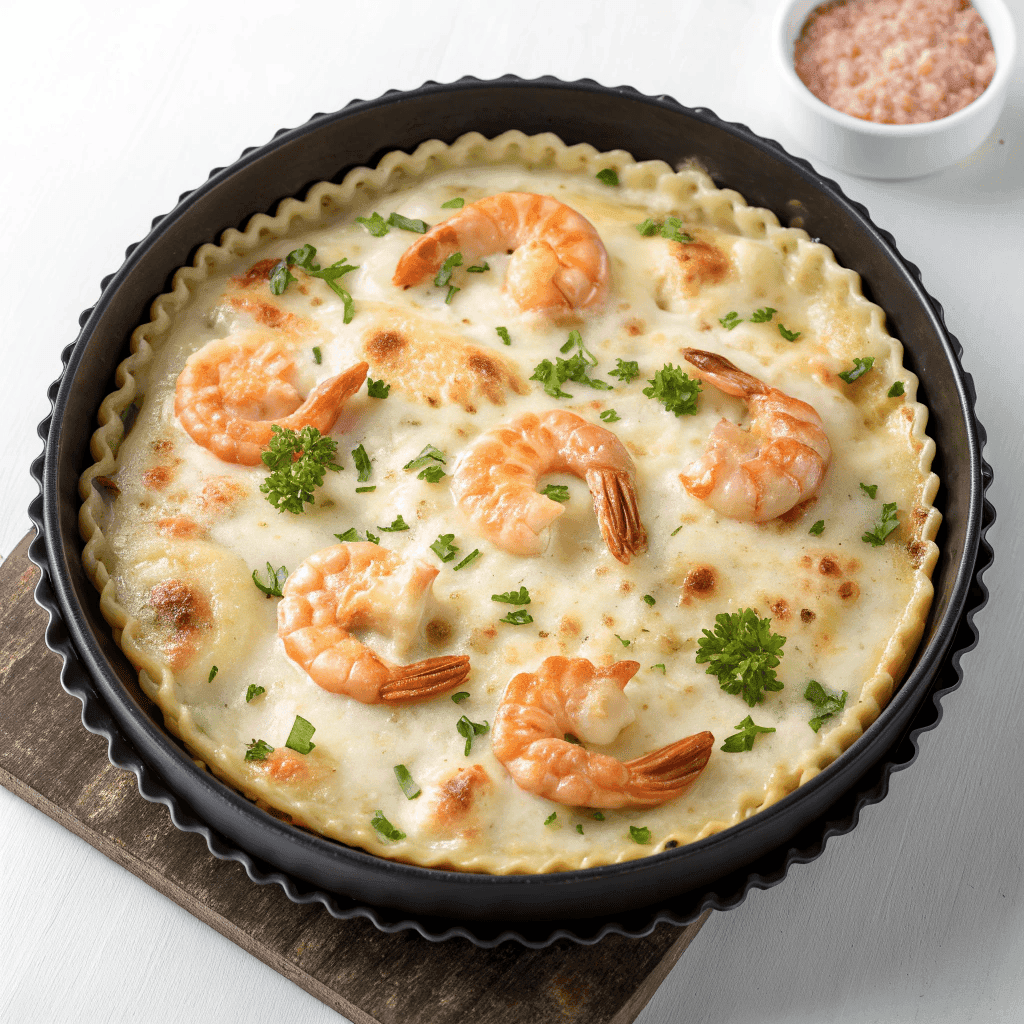 Overhead hero shot of creamy seafood lasagna with shrimp, white sauce, melted cheese, and parsley baked in a round skillet.