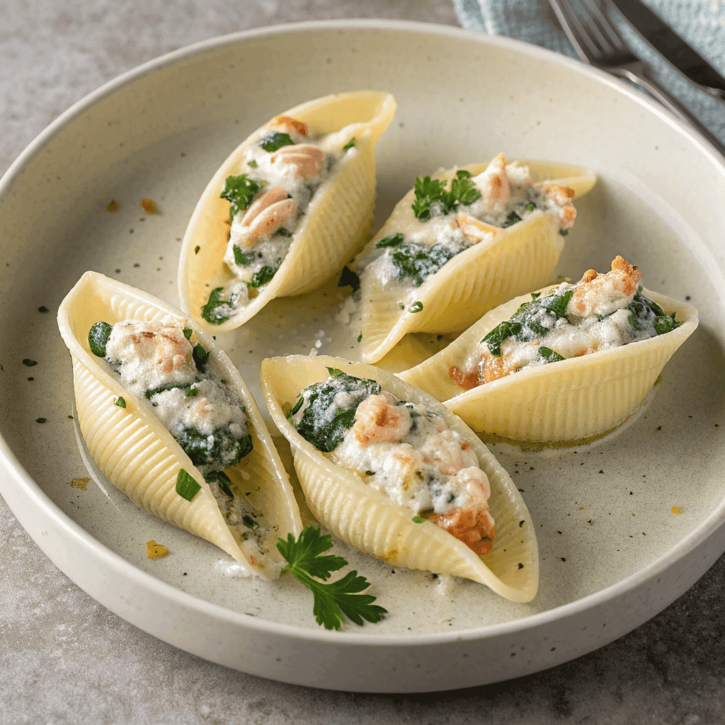 Seafood stuffed shells with creamy cheese filling and spinach, topped with melted golden cheese and fresh herbs