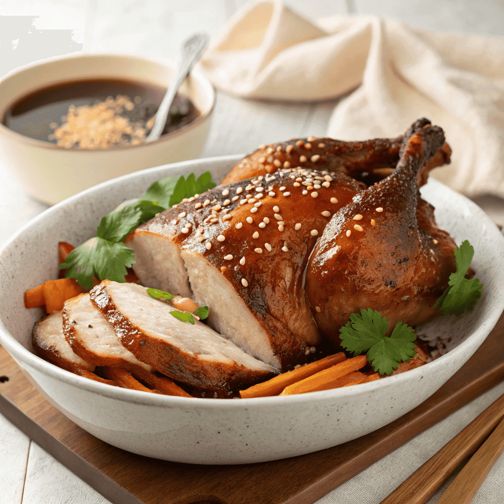 Shandong roast chicken served in a bowl with sesame seeds and cilantro.
