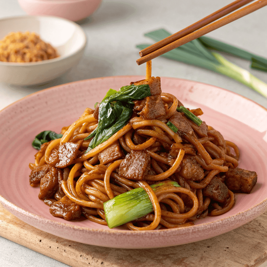 Shanghai-style fried noodles with leafy greens on a plate