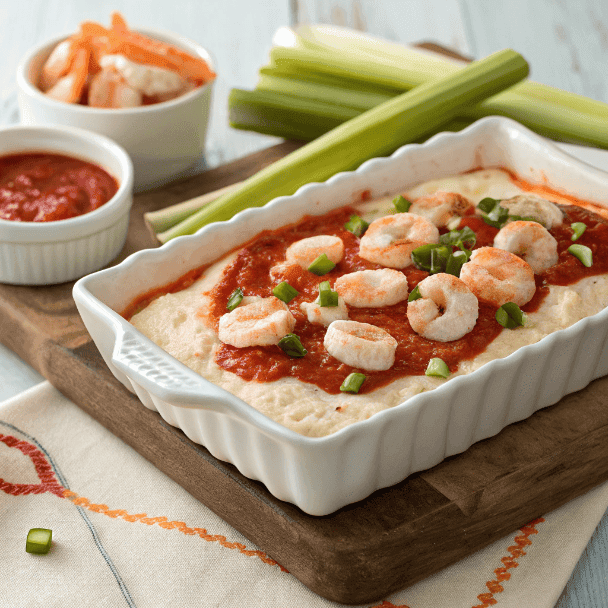 Creamy shrimp dip topped with small shrimp, cocktail sauce, and dill served in a white dish