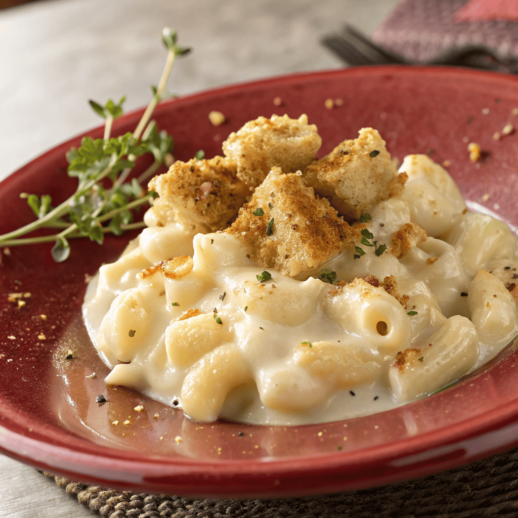 Boursin mac and cheese with creamy sauce and golden breadcrumb topping on a red plate