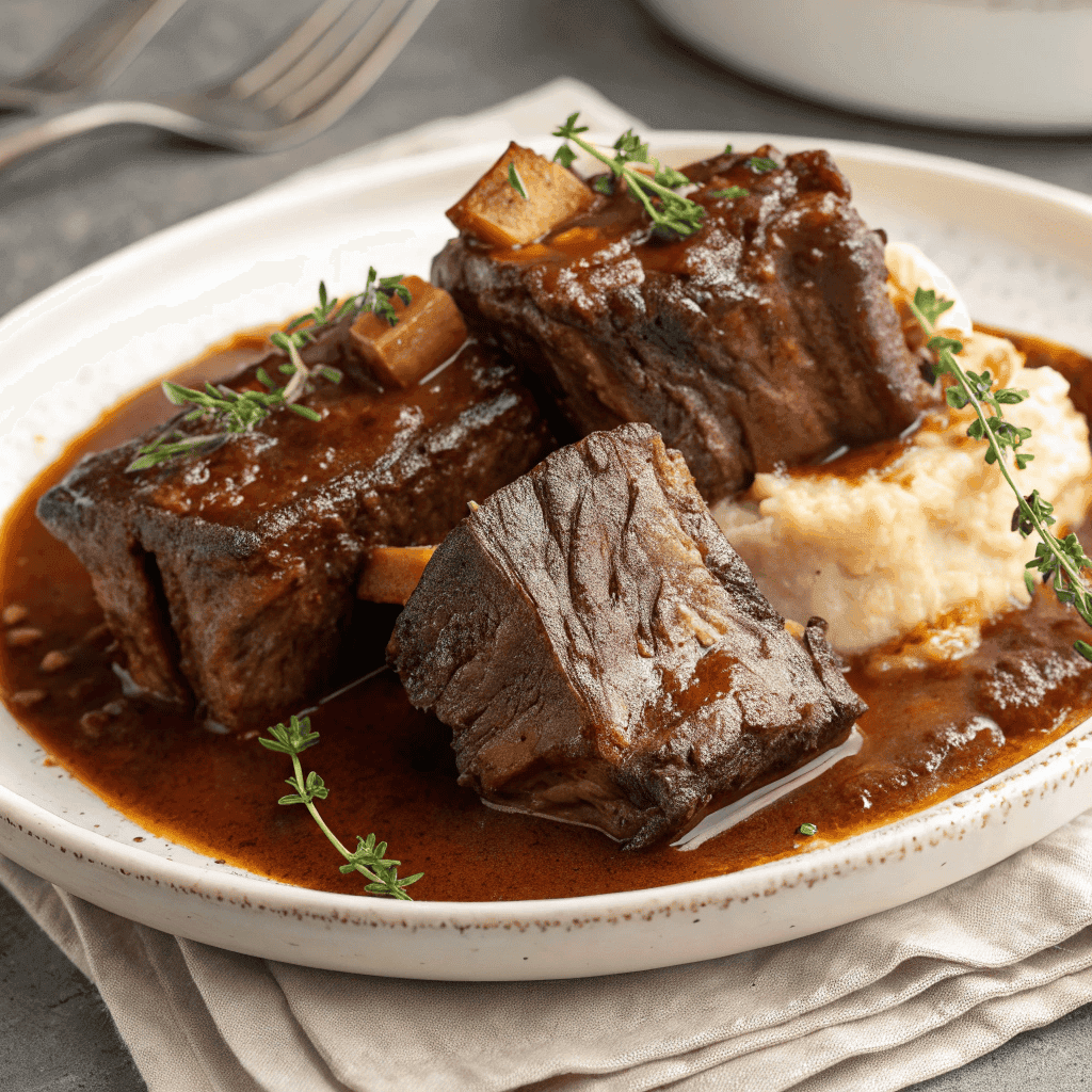 slow cooker beef short ribs served on a shallow white ceramic plate