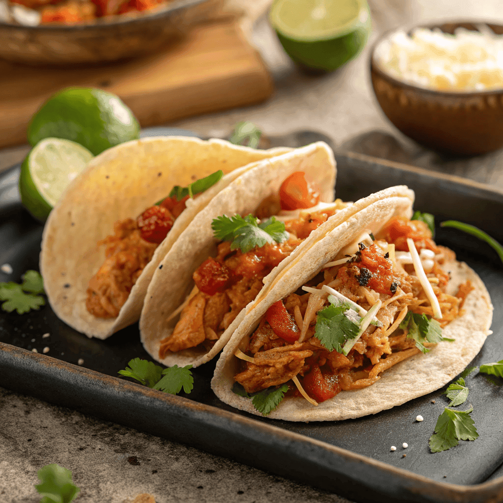 Slow cooker chicken tacos with shredded chicken, corn, tomatoes, cheese, cilantro, and lime wedges