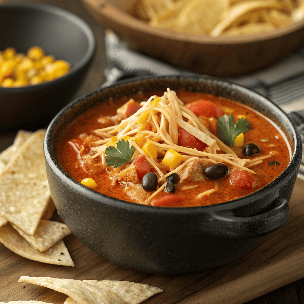 Slow cooker chicken tortilla soup with shredded chicken, corn, black beans, and rich tomato broth.