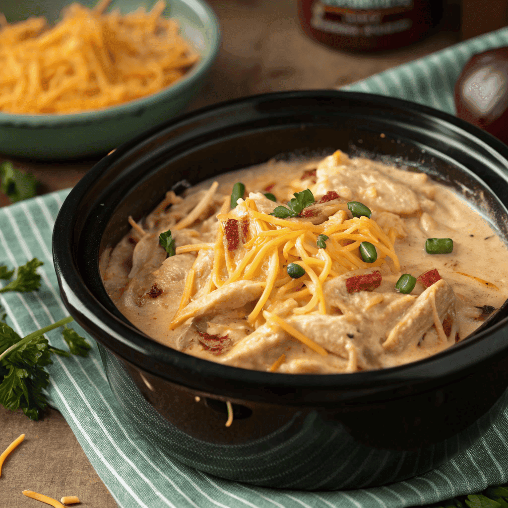 Slow cooker crack chicken with shredded chicken, melted cheddar cheese, bacon pieces, and green onions in a crockpot