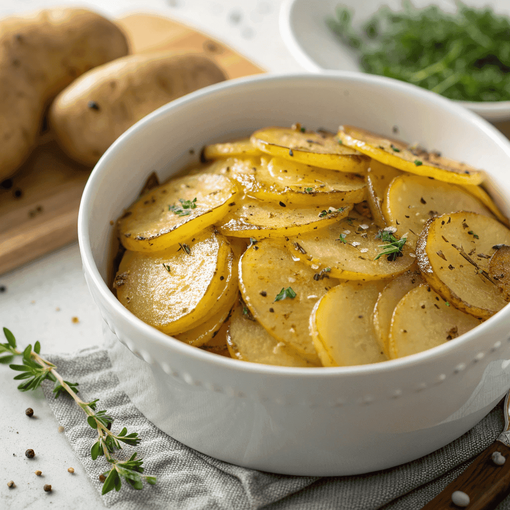 Slow cooker Lipton onion potatoes with buttery glaze and herbs in a white bowl