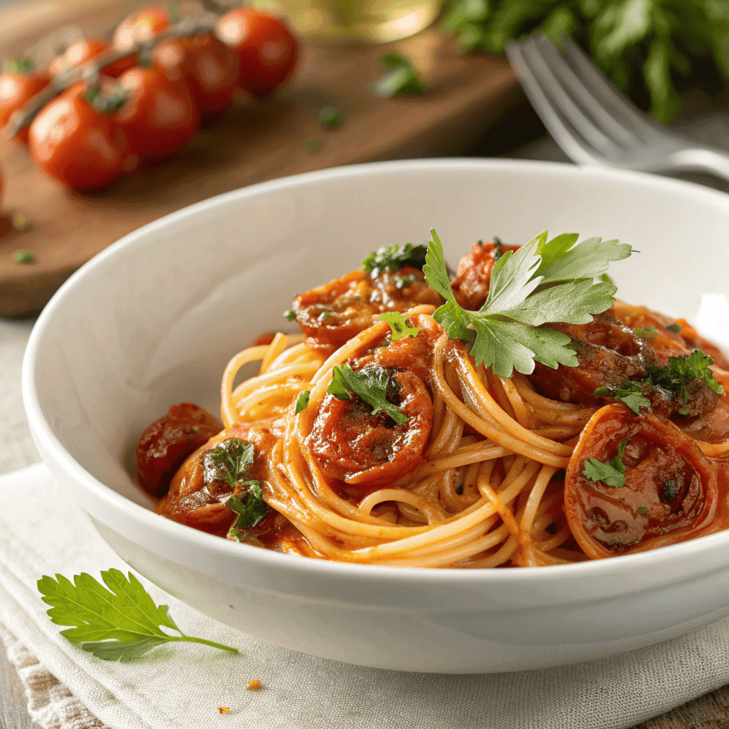 Bowl of spaghetti with slow roasted tomatoes, garlic, herbs, and olive oil