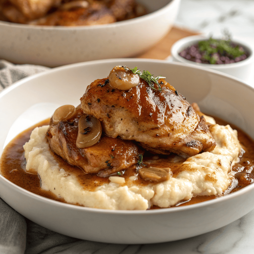 Golden smothered chicken thighs with rich brown gravy over mashed potatoes