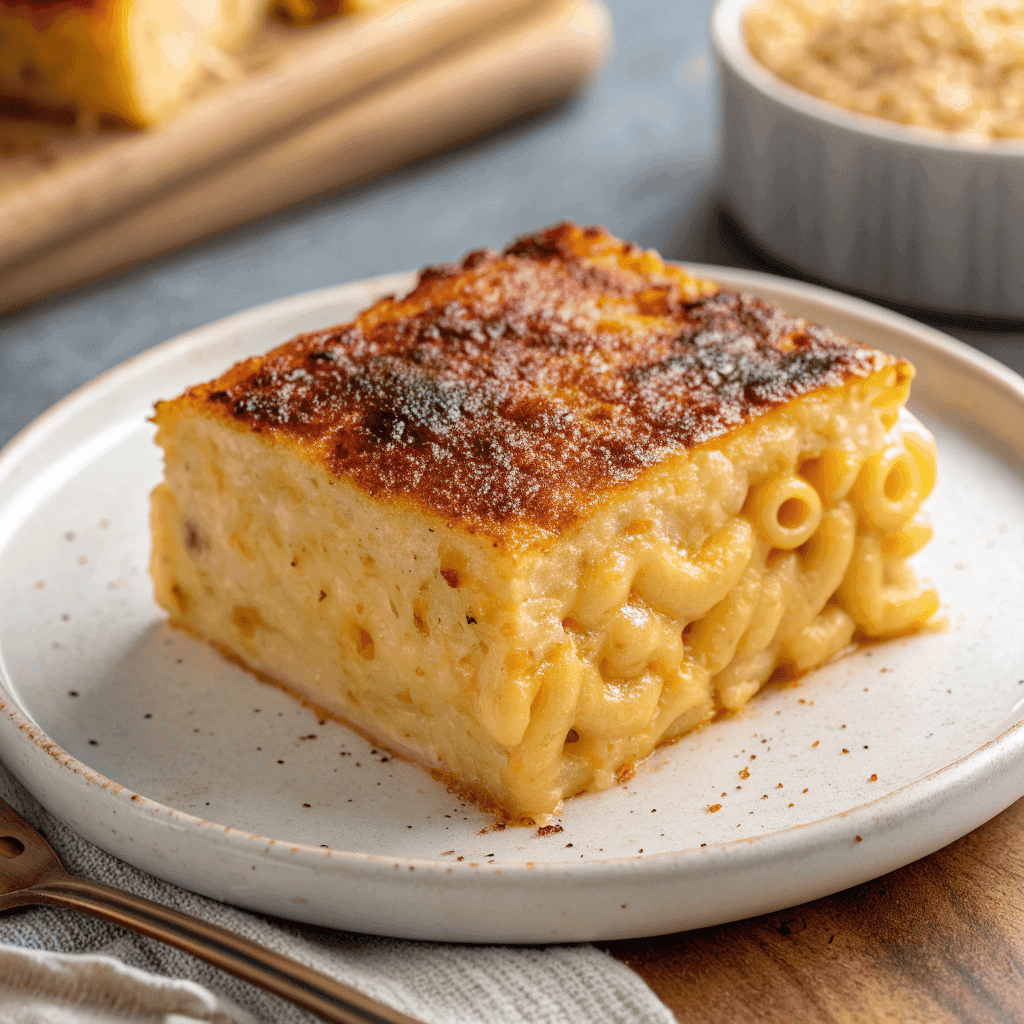 Southern baked mac and cheese with elbow macaroni, creamy cheese sauce, and a golden baked cheese crust