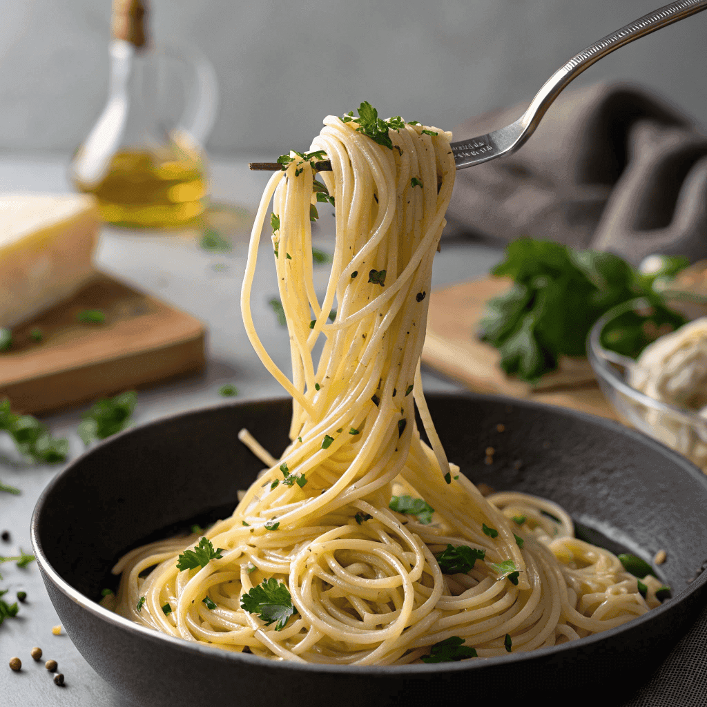 Spaghetti aglio e olio lifted with tongs, coated in olive oil with parsley flecks in a pan.