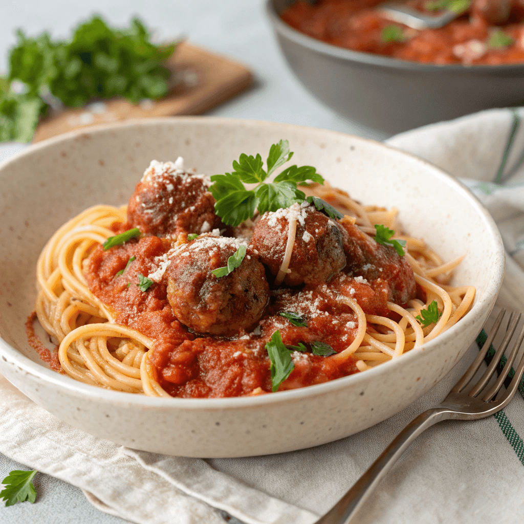 Spaghetti and Meatballs with Tomato Sauce – Classic Homemade Recipe 4 Spaghetti and meatballs in tomato sauce served in a white bowl with parsley and parmesan under natural light.