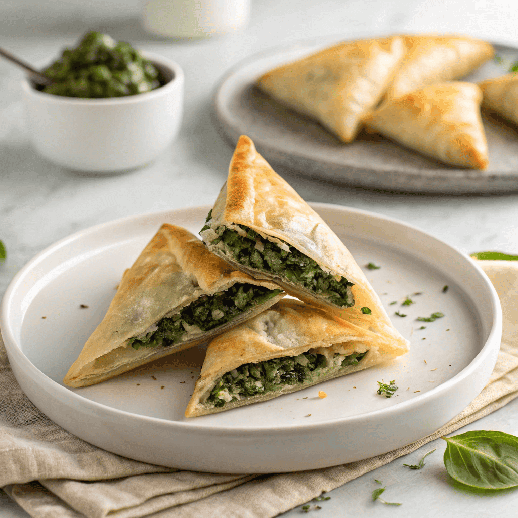 Golden crispy spanakopita triangles filled with spinach and feta stacked on a white plate