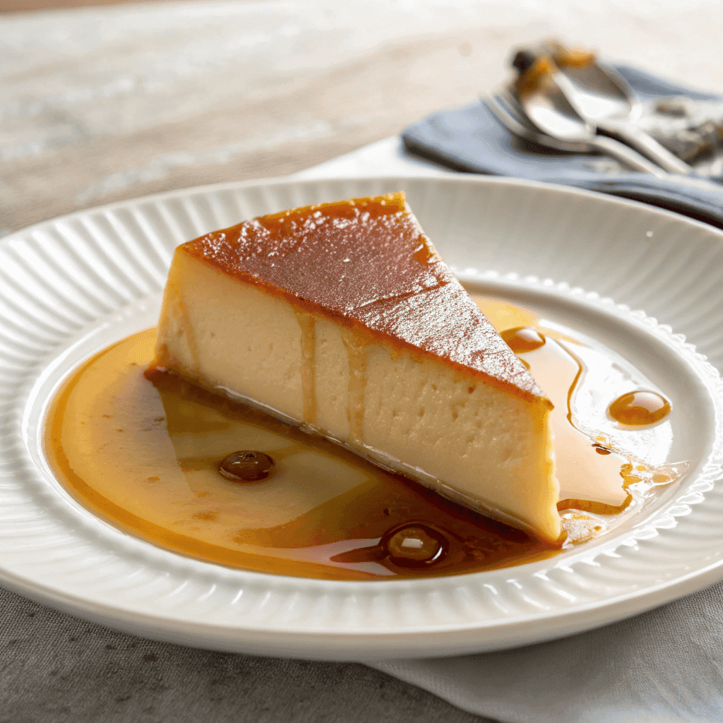Hero shot of Spanish flan slice with glossy caramel topping and sauce flowing onto a white plate.