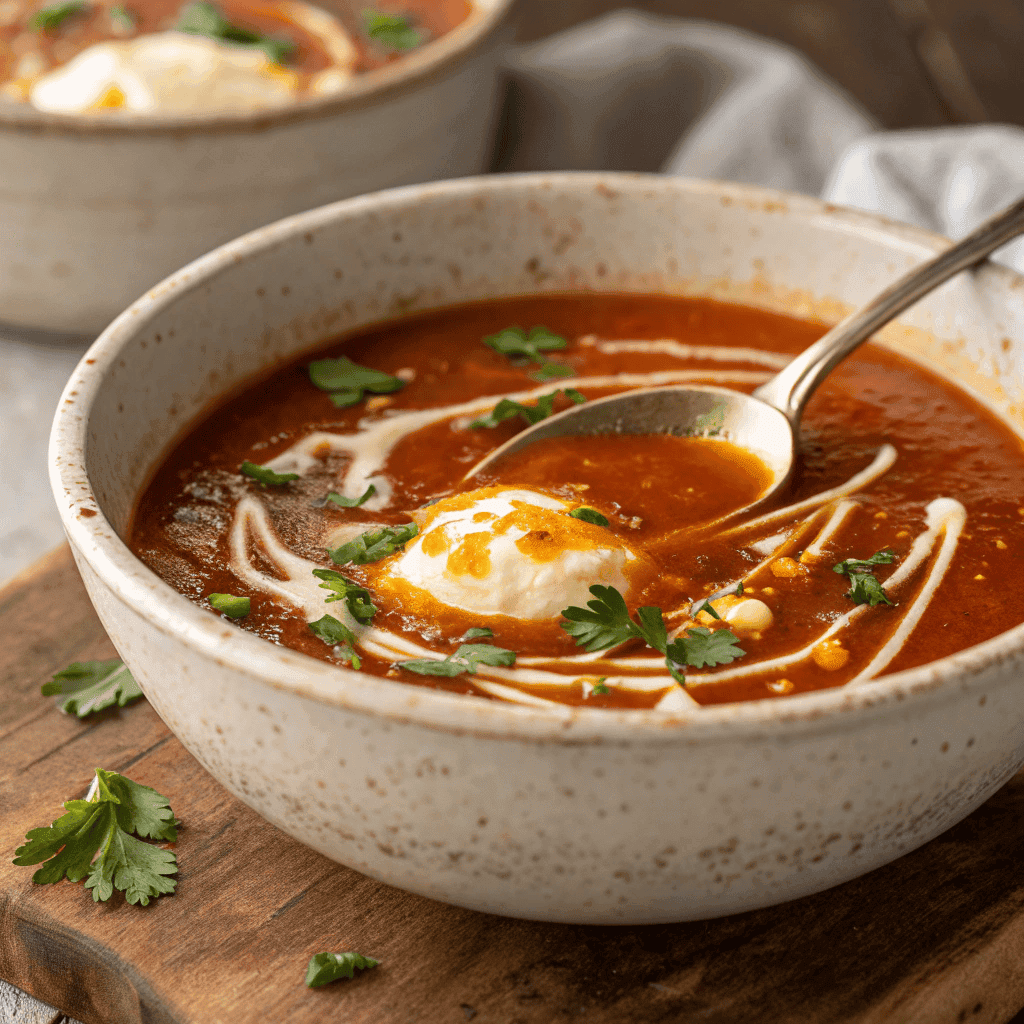 Spanish garlic soup with paprika broth, egg ribbons, parsley, and olive oil in a rustic bowl