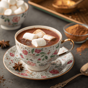 Spiced hot cocoa topped with marshmallows and cocoa powder served in a patterned teacup