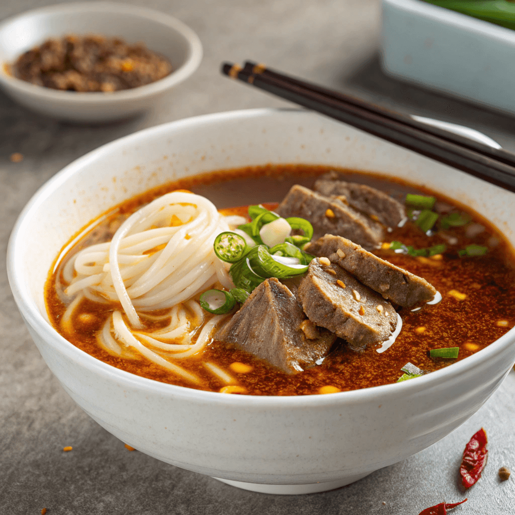 Spicy beef noodle soup with thick noodles, onion rings and chili oil broth