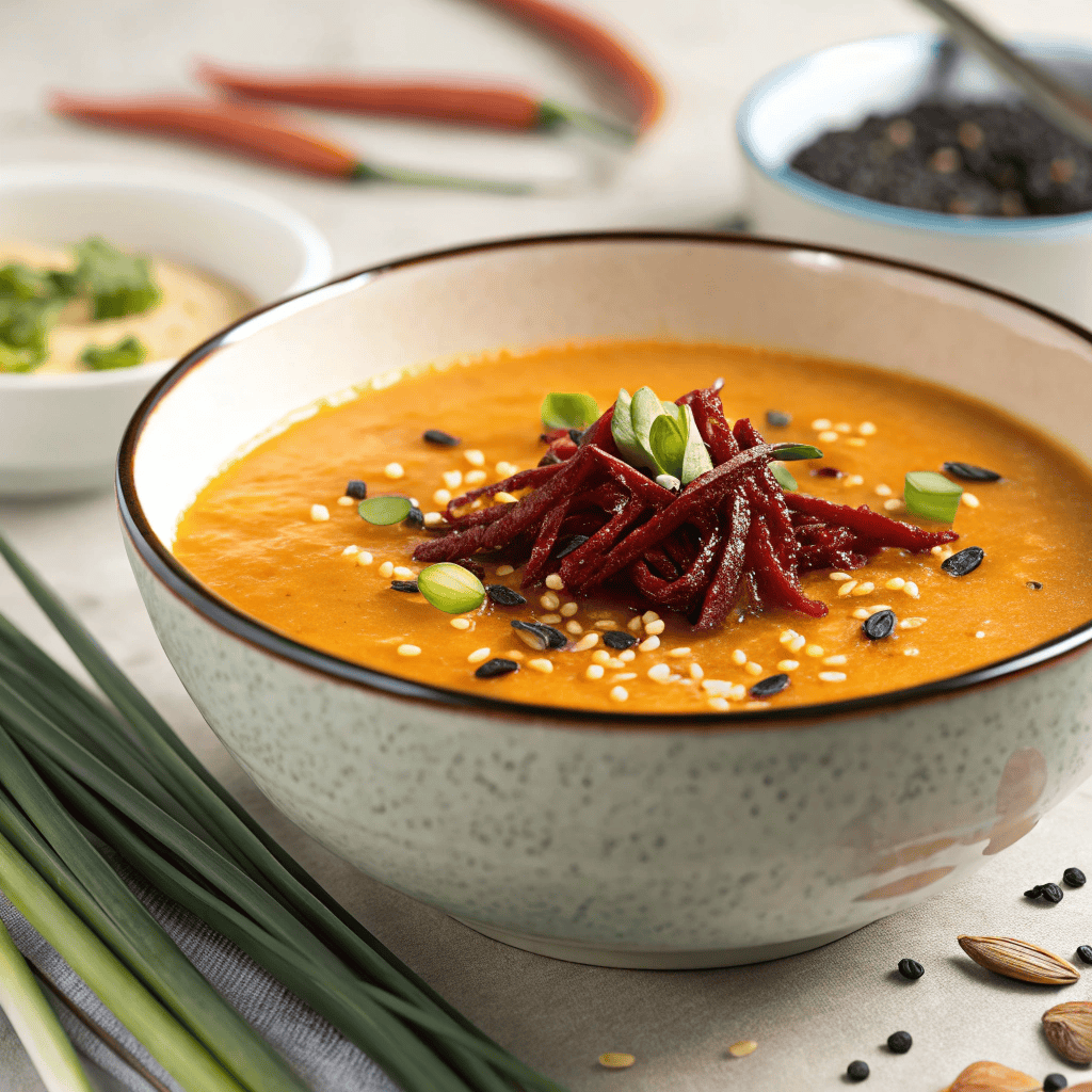 Easy Spicy Miso Carrot Soup – Creamy, Bright, and Packed with Umami 4 Spicy miso carrot soup topped with chili crisp, carrot ribbons, sesame seeds, and green onions.