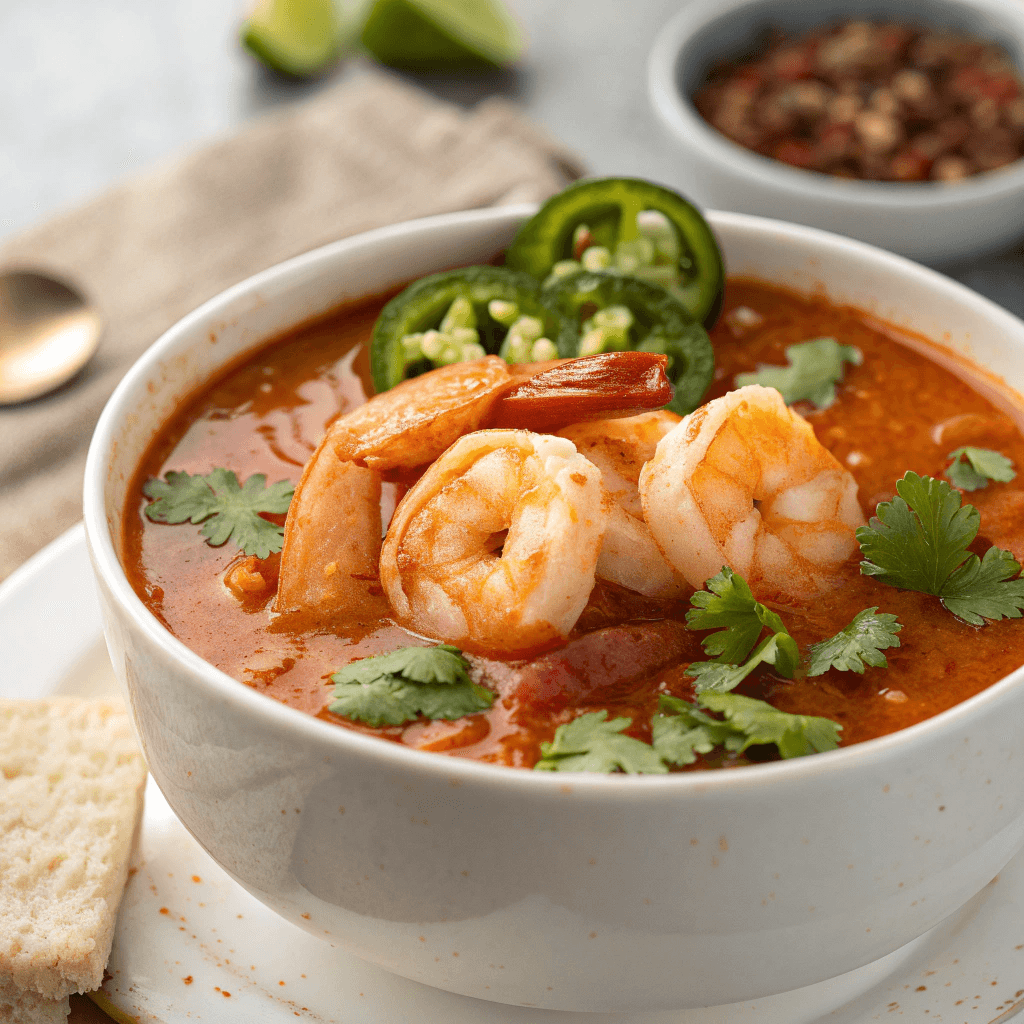 Best Spicy Shrimp Soup with Garlic, Lime & Jalapeño 4 Shrimp soup with red broth, jalapeño slices and fresh cilantro in a white bowl