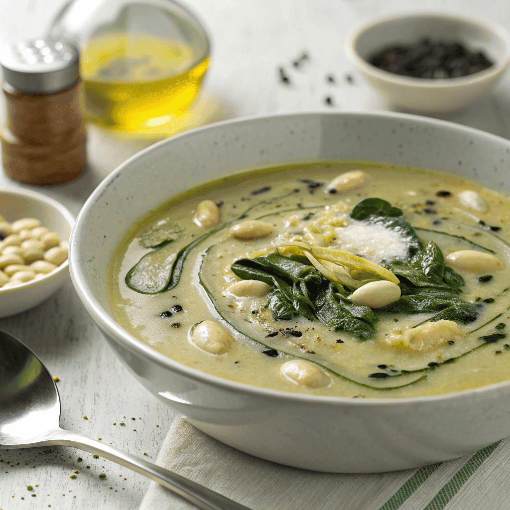 Creamy spinach artichoke white bean soup with olive oil and black pepper
