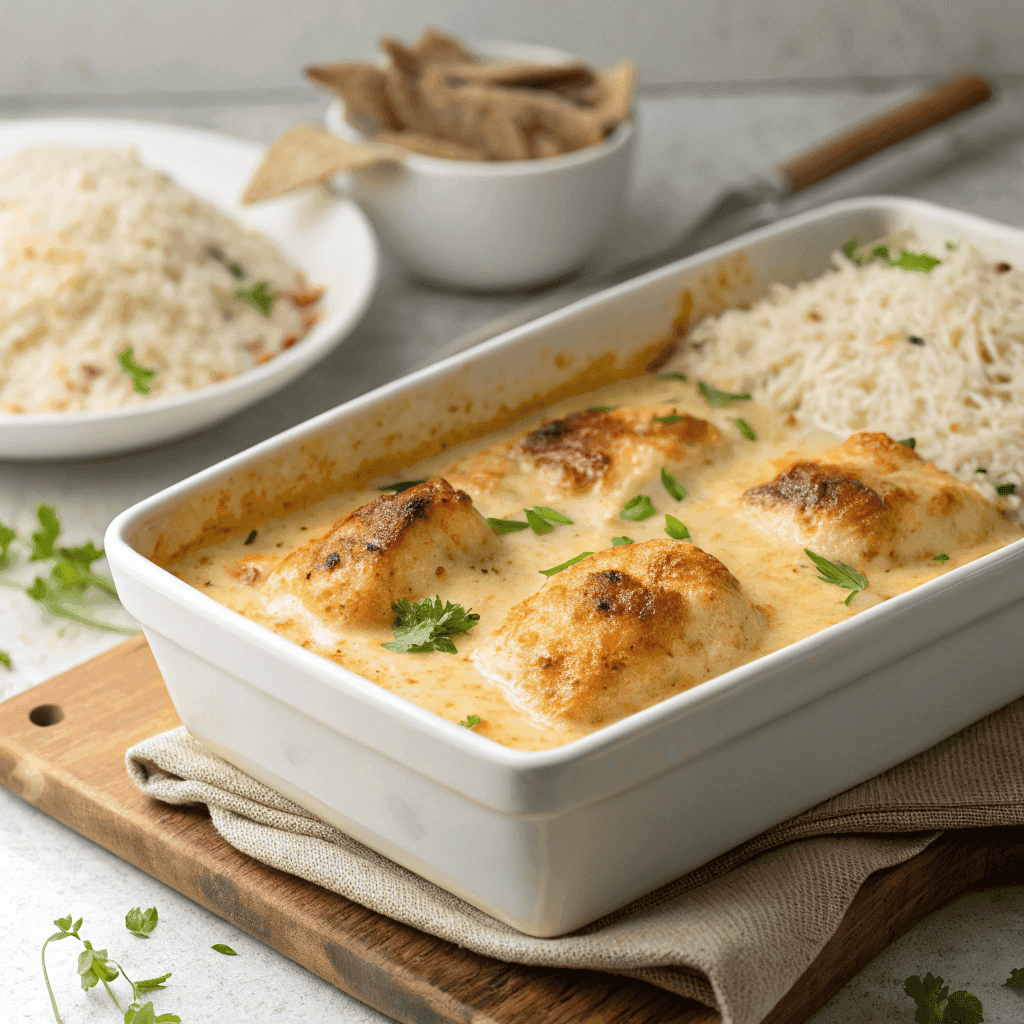 Hero shot of stick of butter chicken and rice casserole with golden top and creamy rice interior.