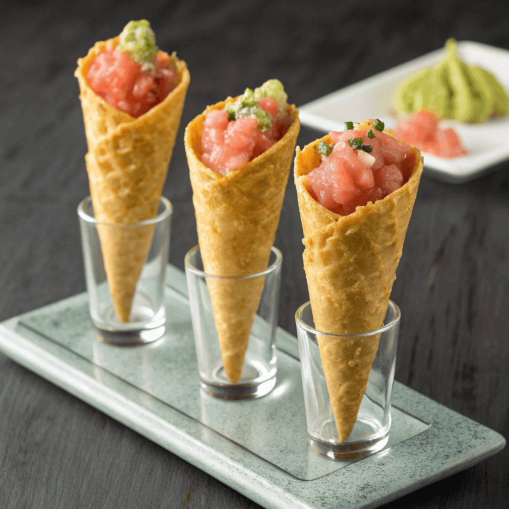 Crispy wonton cones filled with tuna, avocado, and sushi toppings