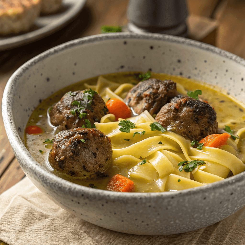 Creamy Swedish meatball soup with browned meatballs, egg noodles, carrots, and parsley in a rustic bowl